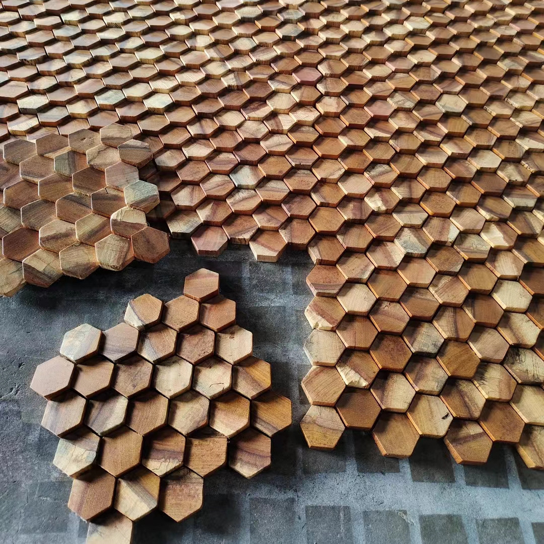 High quality geometric hexagon-shape wood panel uneven interior decor wooden 3d wall panel