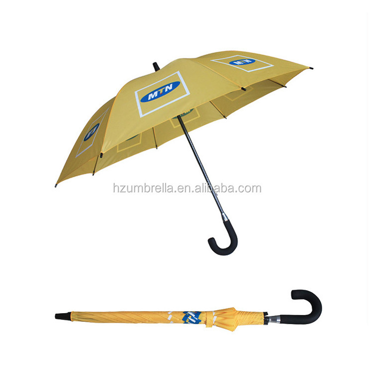 Yellow color MTN manual open full fiberglass straight umbrella, EVA hook handle umbrella