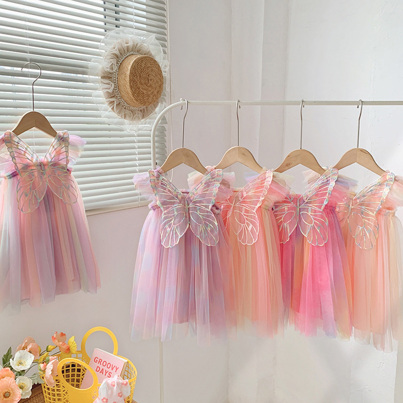 Layered Tulle Tutu Dress for Toddler Girl Baby Girl Rainbow Tutu Princess Skirt with Butterfly Wings Show Dancing Birthday Dress