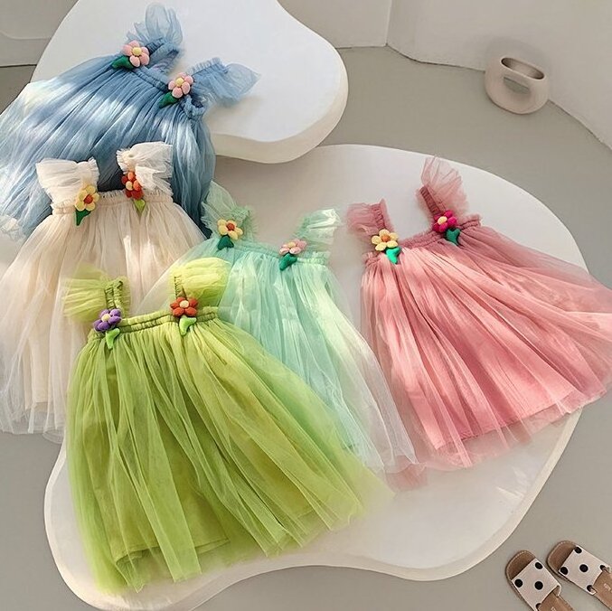 2024 Floral Layered Tulle Tutu Dress for Toddler Girls Baby Flower Girl's Wedding Dress Princess Skirt with Fly Sleeve Ball Gown