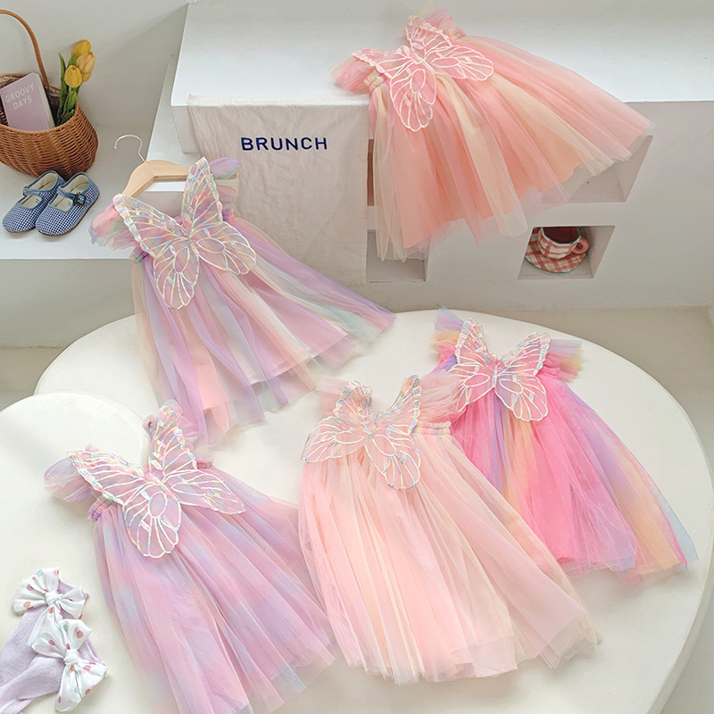 Rainbow Colors Baby Kids Girl Embroidered Lace Sleeveless Tulle Flower Princess Party Dresses Back Butterfly Wings Birthday Gift