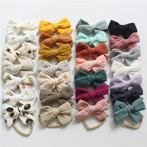 Gauze Bamboo Knotted Bowknot Baby Headbands Plain Color Cotton Muslin Newborn Hair Bows