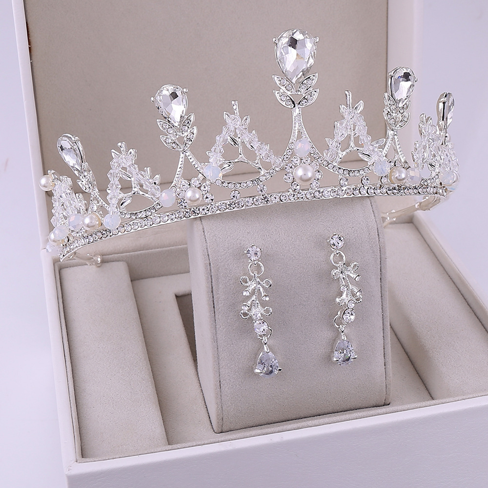 Popular Elegant Bridal Accessories Set Pearl Crystal Handmade Bridal Crown Earrings Jewelry Set For Women