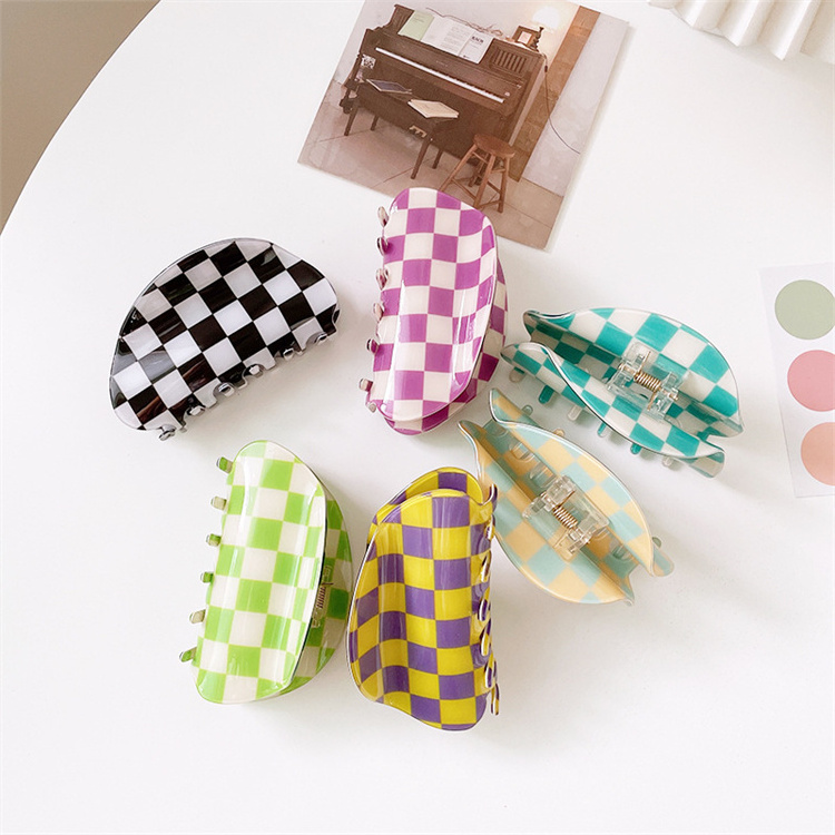 Women luxury big colorful checked hair clamp black white acrylic hair claws clips for thick hair