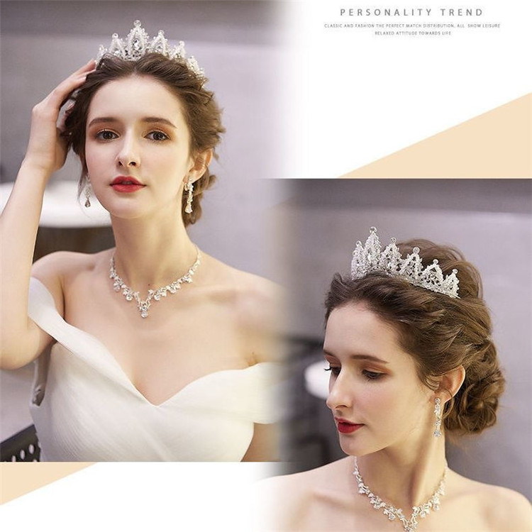 Popular Elegant Bridal Accessories Set Pearl Crystal Handmade Bridal Crown Earrings Jewelry Set For Women