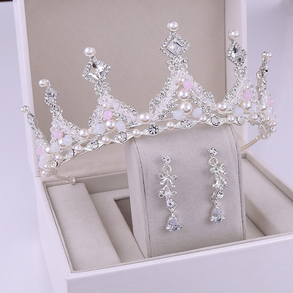 Popular Elegant Bridal Accessories Set Pearl Crystal Handmade Bridal Crown Earrings Jewelry Set For Women