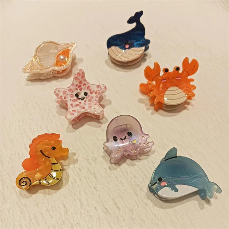 Niche Design Creative Ocean Blue Whale Rhinestone Starfish Octopus Dolphin Lobster Fish Mini Acetate Hair Claw Clip