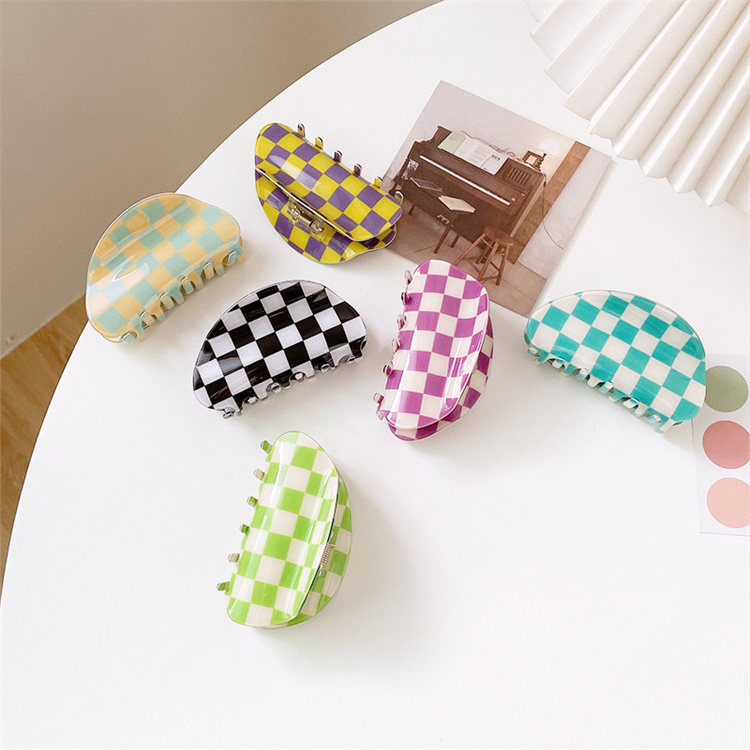 Women luxury big colorful checked hair clamp black white acrylic hair claws clips for thick hair