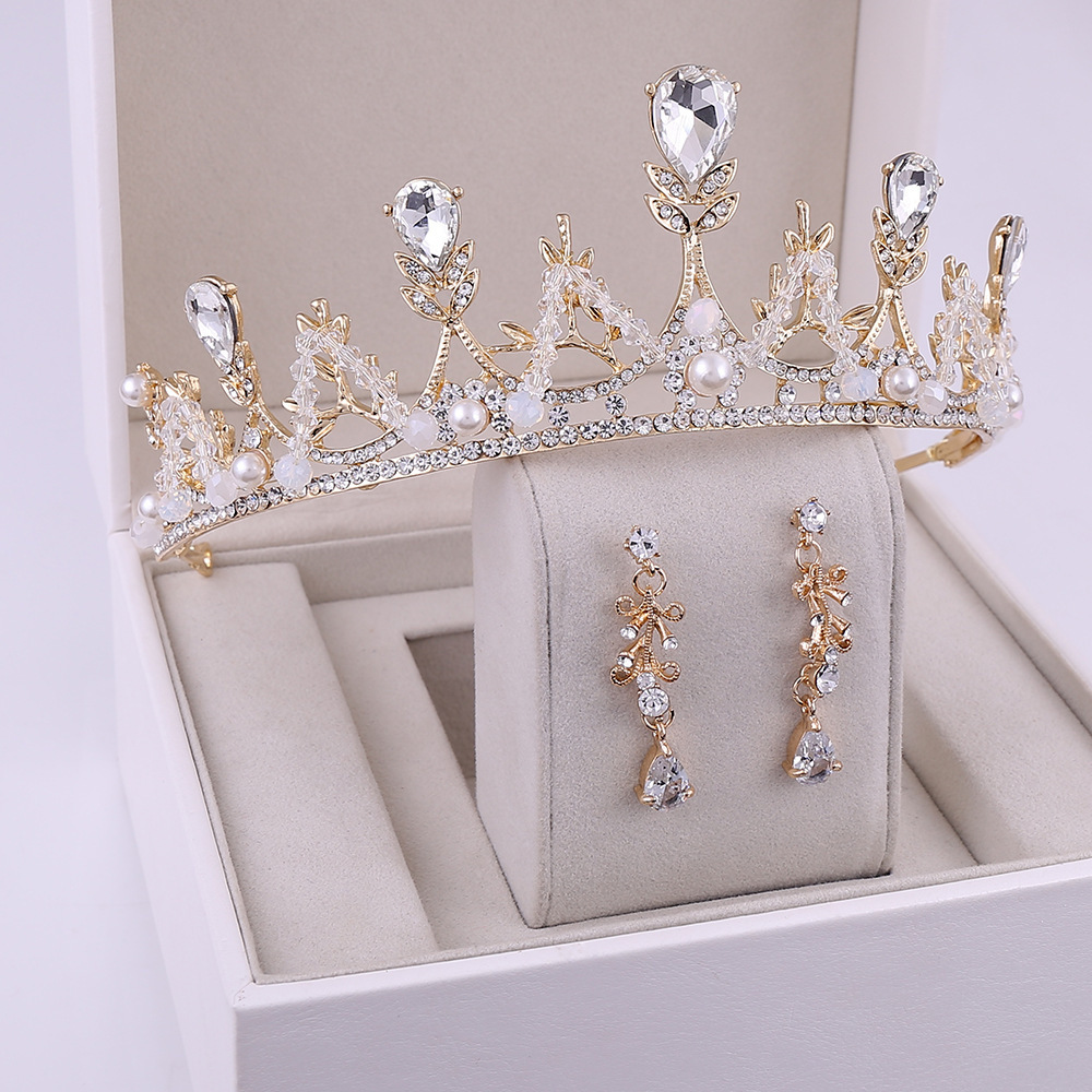 Popular Elegant Bridal Accessories Set Pearl Crystal Handmade Bridal Crown Earrings Jewelry Set For Women