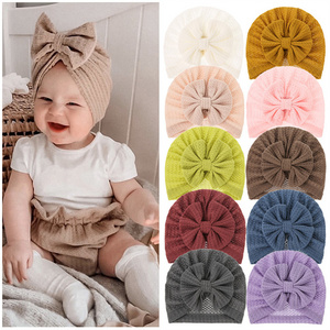 Solid Color Waffle Hat With Big Bowknot Turban Knot Head Wraps Bonnet Beanie Kids Accessories for Newborn Baby Girls Turban