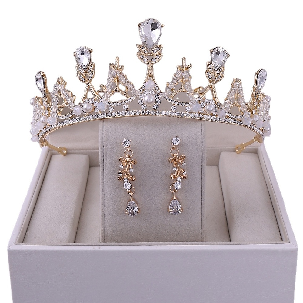 Popular Elegant Bridal Accessories Set Pearl Crystal Handmade Bridal Crown Earrings Jewelry Set For Women