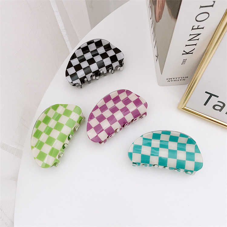 Women luxury big colorful checked hair clamp black white acrylic hair claws clips for thick hair