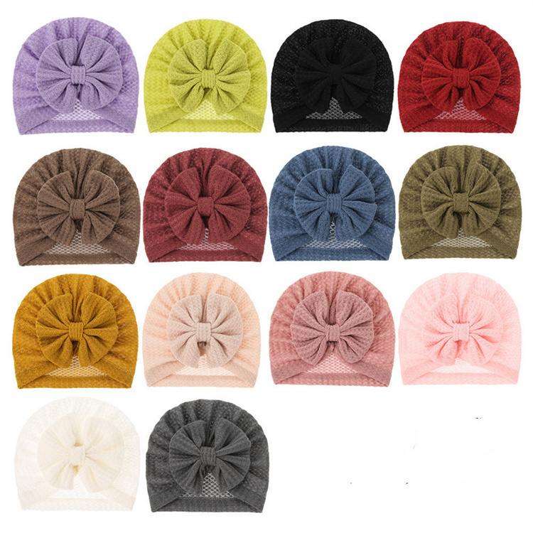 Solid Color Waffle Hat With Big Bowknot Turban Knot Head Wraps Bonnet Beanie Kids Accessories for Newborn Baby Girls Turban