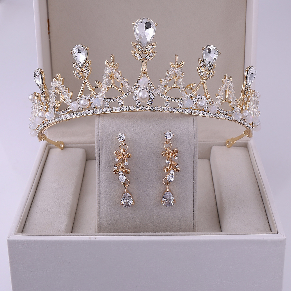 Popular Elegant Bridal Accessories Set Pearl Crystal Handmade Bridal Crown Earrings Jewelry Set For Women