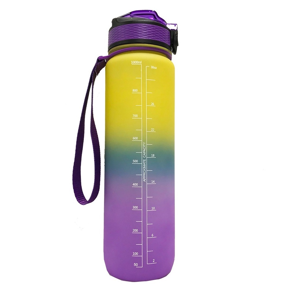 2021 ready to ship Food Grade Gradient Color Large Size Tritan Motivational Fitness 1L water bottle