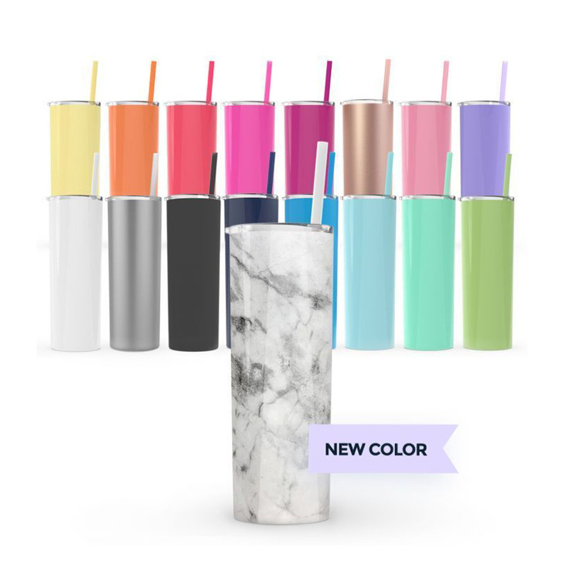 Leak proof economic stock wholesale slim glitter sublimation stainless steel 20oz skinny tumbler with straw and lid