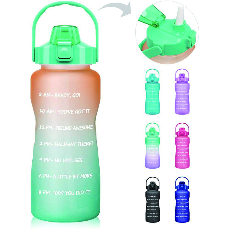 Custom sports plastic kids cute stickers large half gallon 64 oz 2l motivational water bottle 2 liter with time marker&straw