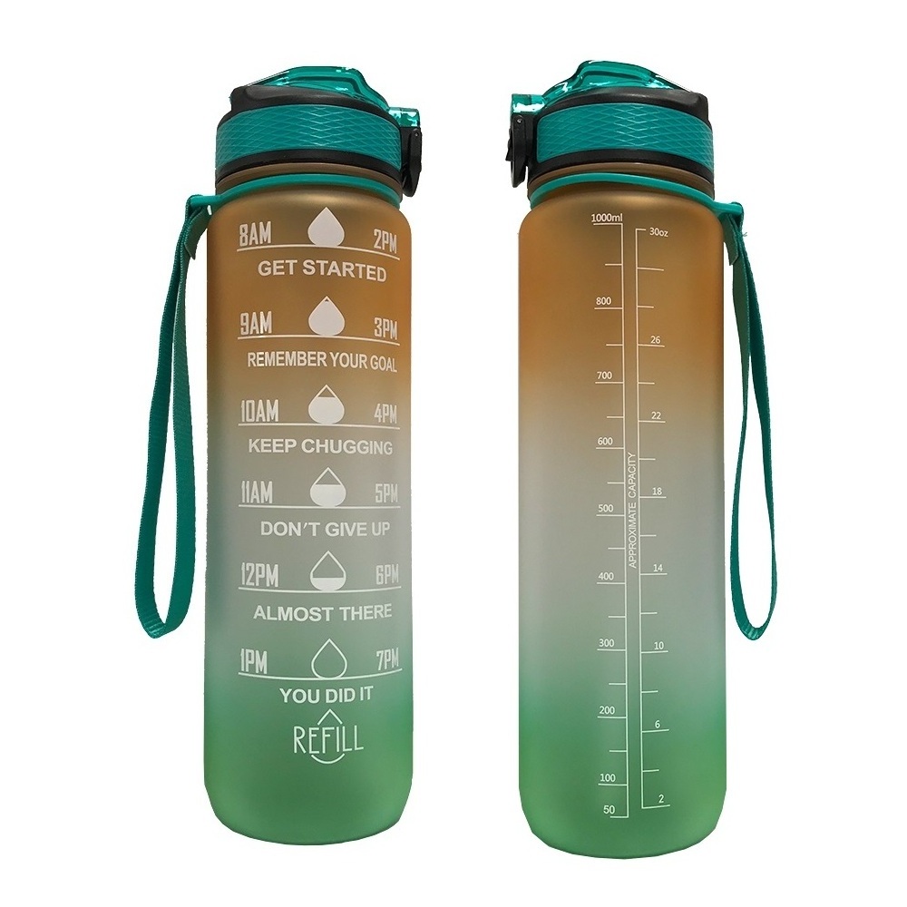 2021 ready to ship Food Grade Gradient Color Large Size Tritan Motivational Fitness 1L water bottle