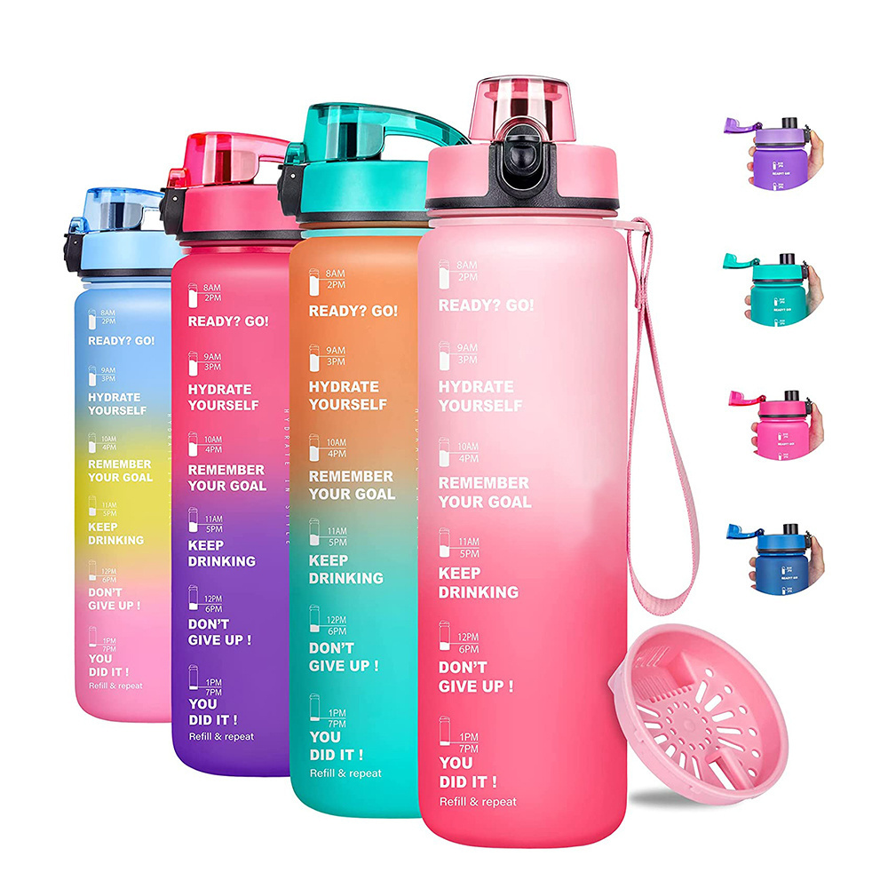 Gradient Leak Proof &Large 1 Liter 32 Oz BPA Free Water Bottle with Time Marker Fruit Infuser Strainer