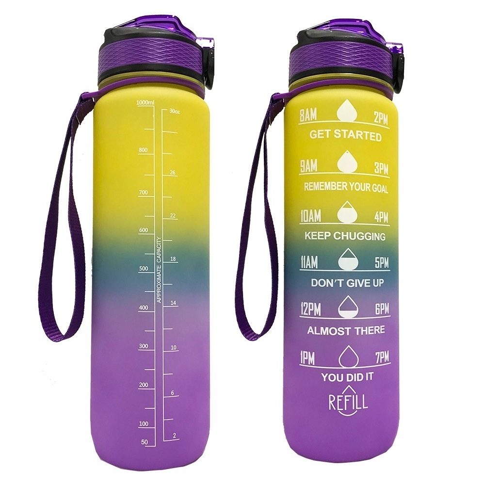 2021 ready to ship Food Grade Gradient Color Large Size Tritan Motivational Fitness 1L water bottle