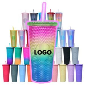 USA warehouse Hot DIY 16oz 24oz Cold Coffee Mug Double Wall Plastic Iridescent Matte Studded Cups Tumbler with Straw Lid