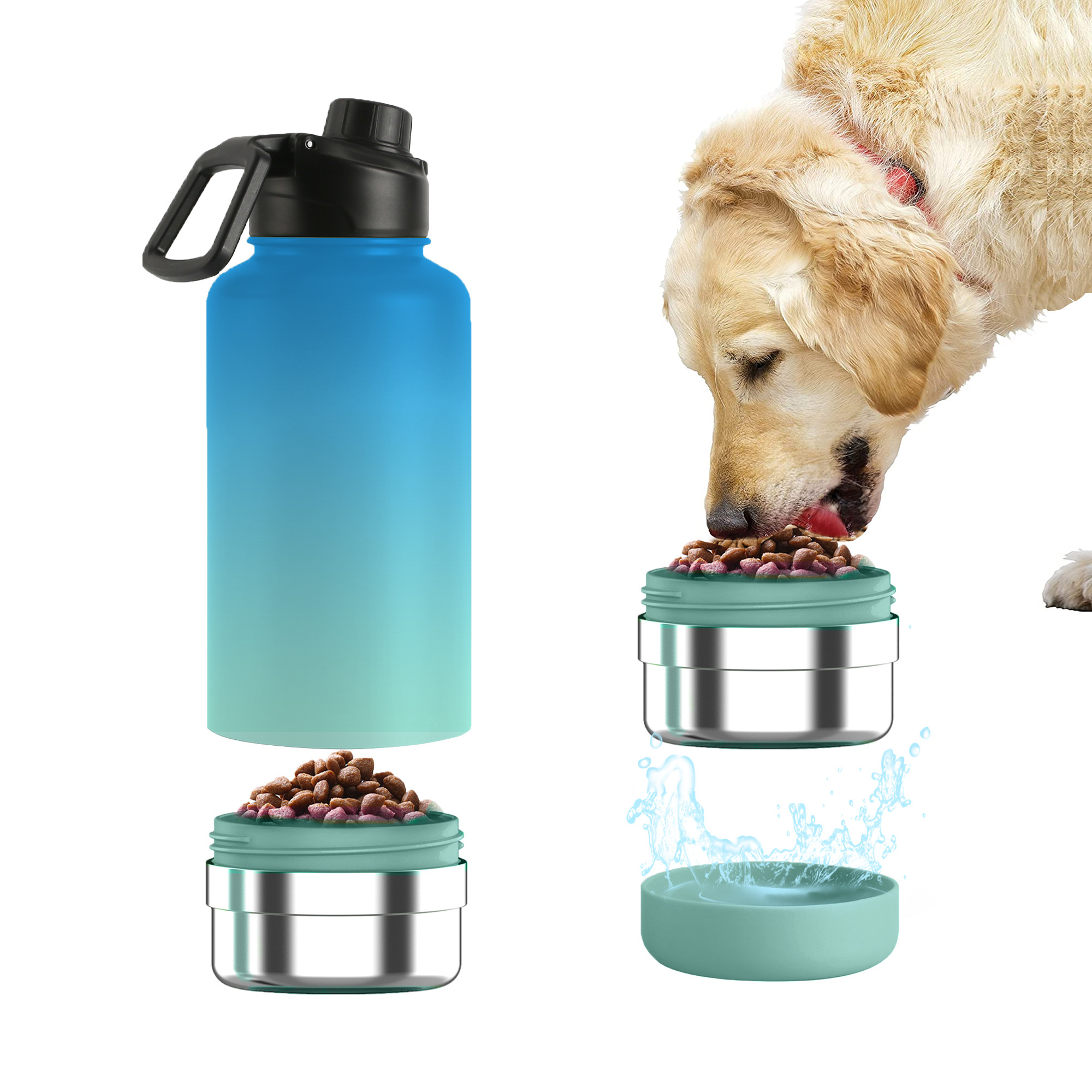 32oz Custom 304 Stainless Steel Insulated Dog Water Bottle with Sleeve Bag with 2 Dog Bowls For Outdoor activity and Travel