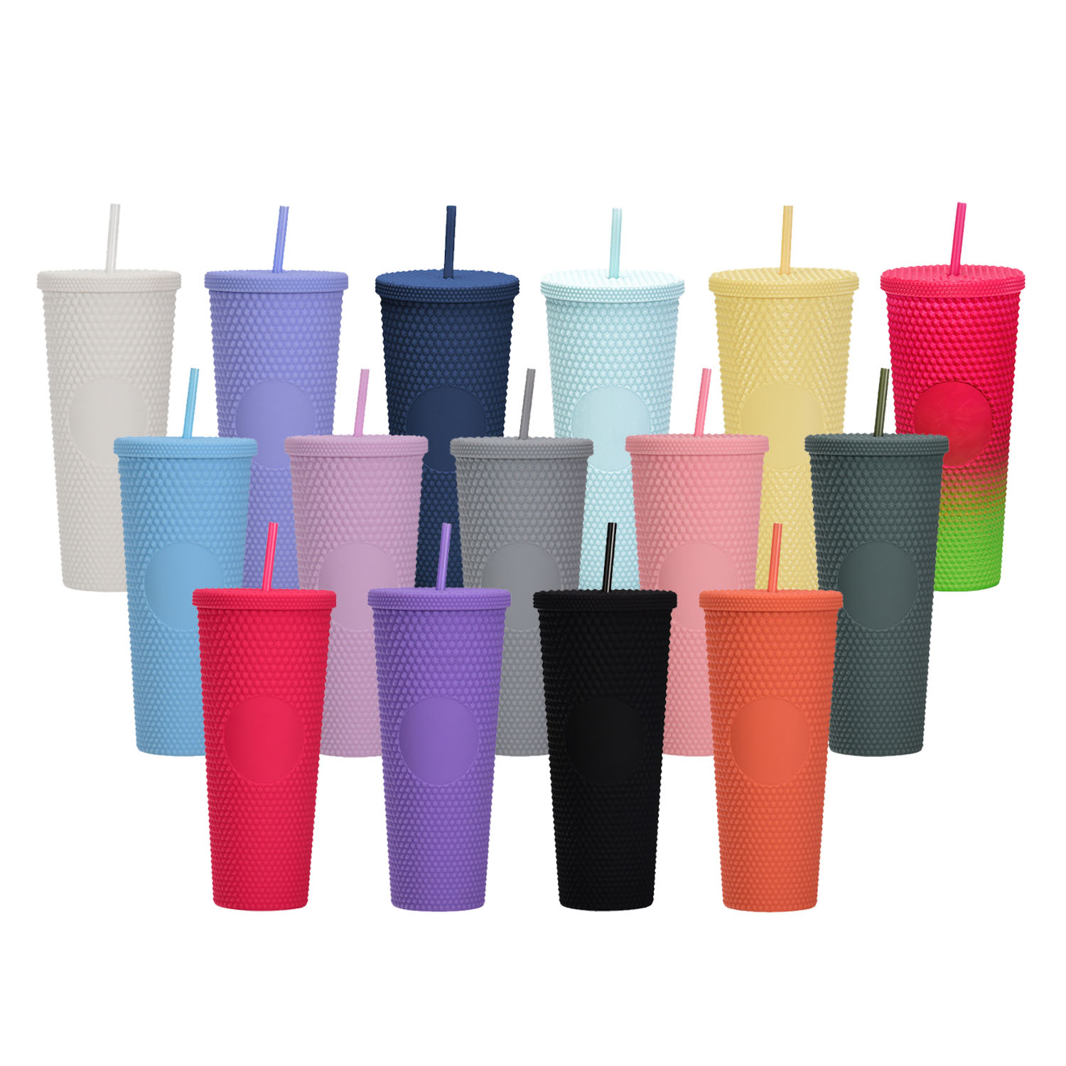 USA warehouse Hot DIY 16oz 24oz Cold Coffee Mug Double Wall Plastic Iridescent Matte Studded Cups Tumbler with Straw Lid