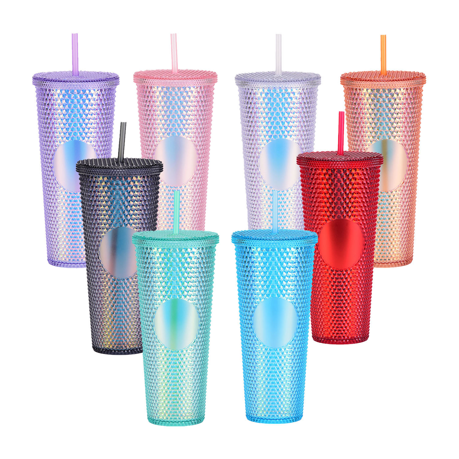 USA warehouse Hot DIY 16oz 24oz Cold Coffee Mug Double Wall Plastic Iridescent Matte Studded Cups Tumbler with Straw Lid