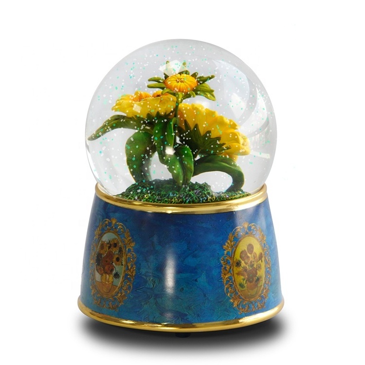 Custom Home Decoration Gift Immortal Flower Mechanical Music Glitter Resin Custom Music Box Snowball/Custom Snow Globe