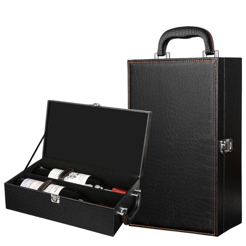 Modern PU Leather Top Handle Wine Box for 2 Standard Wine Bottle with 4 Piece Accessory Custom Wine Boxes