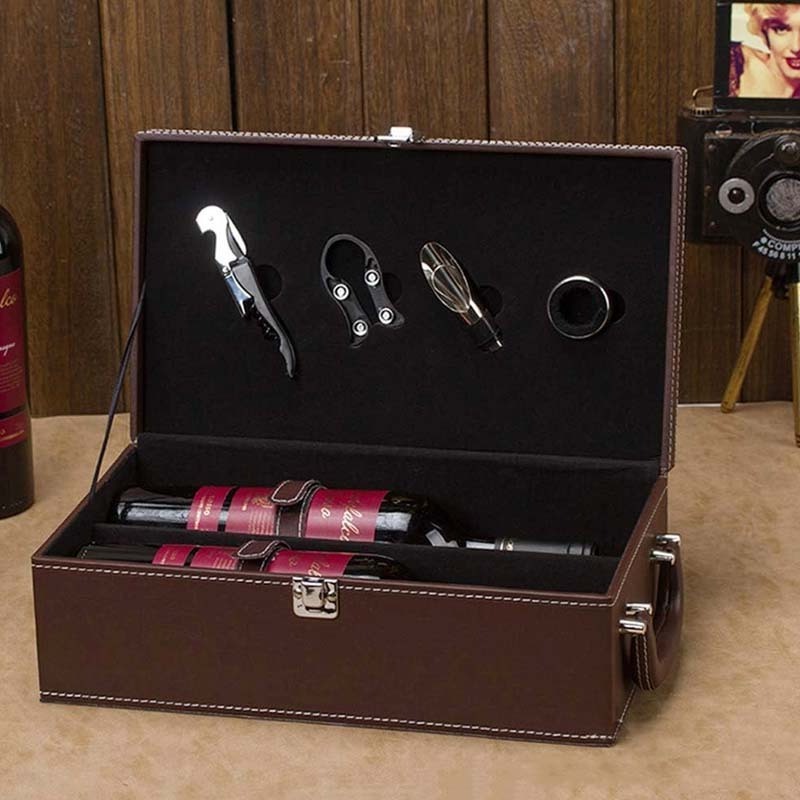 Modern PU Leather Top Handle Wine Box for 2 Standard Wine Bottle with 4 Piece Accessory Custom Wine Boxes