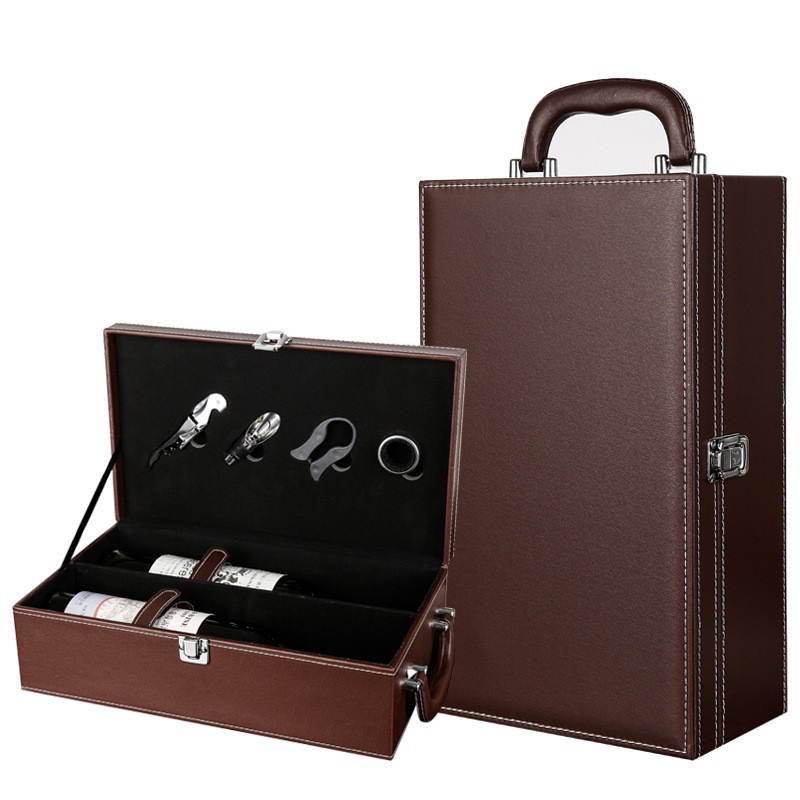 Modern PU Leather Top Handle Wine Box for 2 Standard Wine Bottle with 4 Piece Accessory Custom Wine Boxes