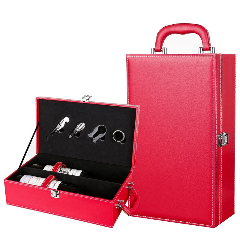 Modern PU Leather Top Handle Wine Box for 2 Standard Wine Bottle with 4 Piece Accessory Custom Wine Boxes