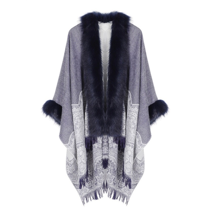 2020 New  belt Cape split scarf thickened warm color contrast poncho big color block Plaid shawl women faux fur poncho