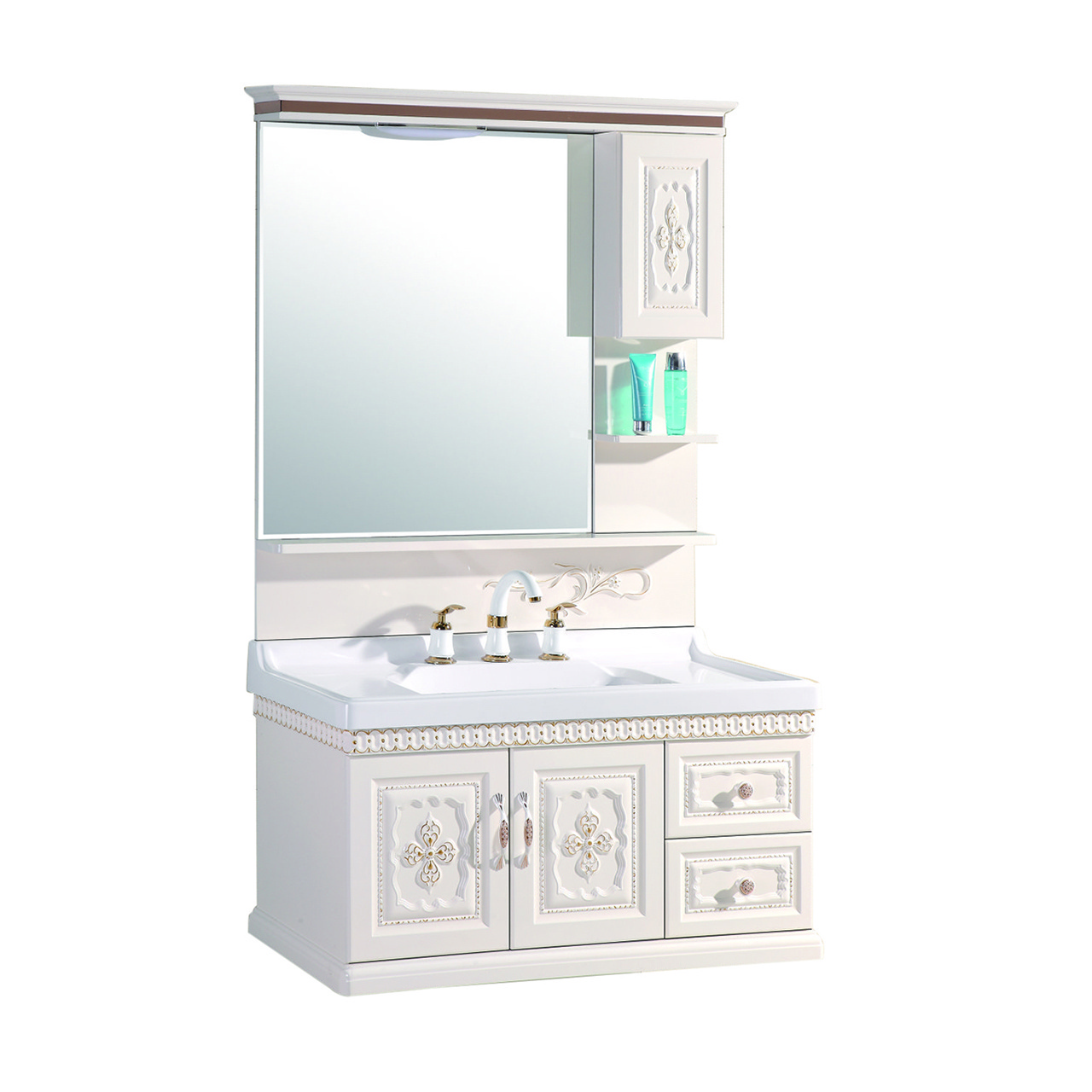 Customized Modern White PVC Toilet Furniture with MDF Carcase and Marble Countertop Bathroom Vanity Mirror Cabinet Design