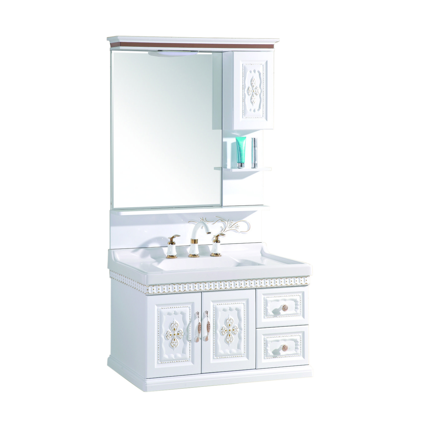 Customized Modern White PVC Toilet Furniture with MDF Carcase and Marble Countertop Bathroom Vanity Mirror Cabinet Design