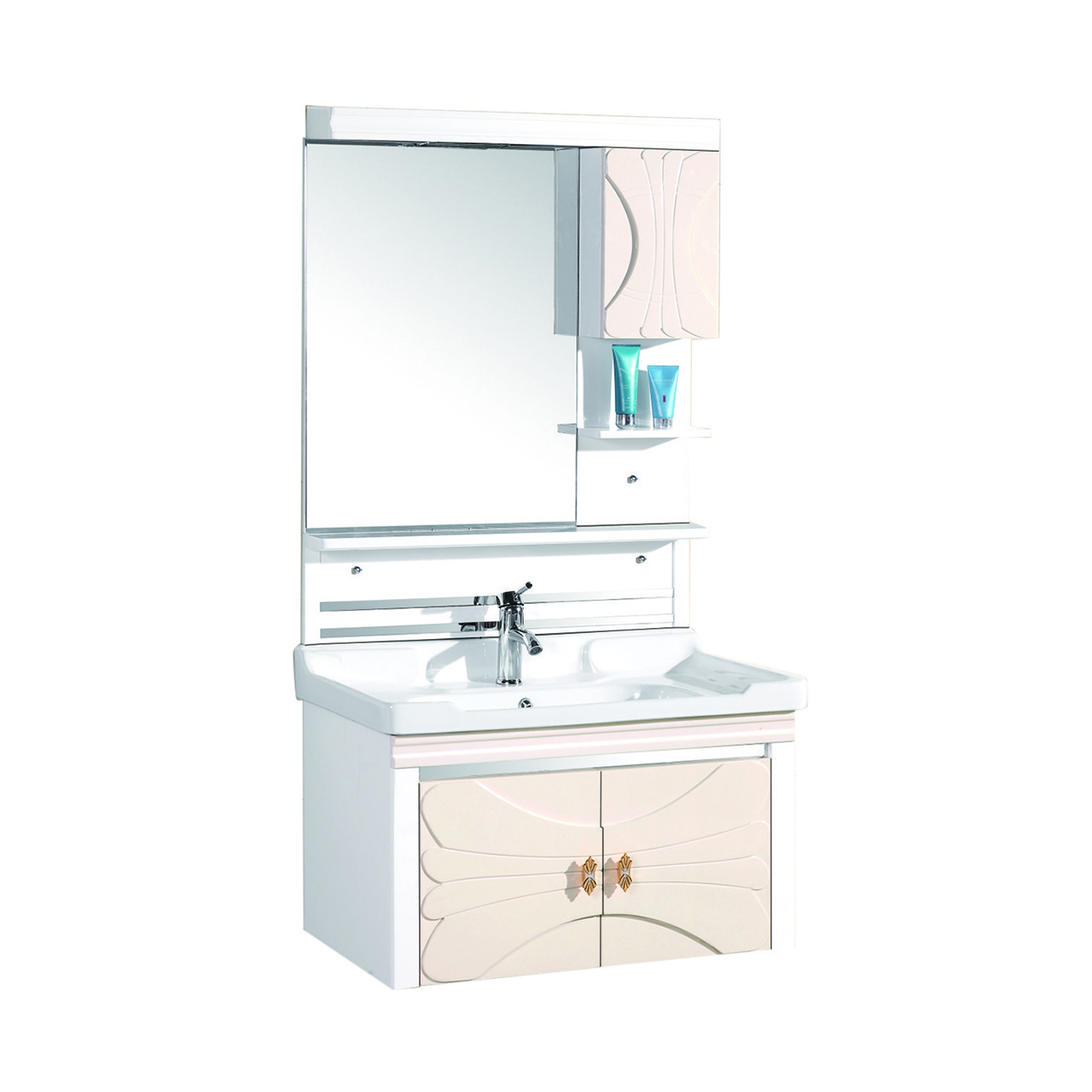 Customized Modern White PVC Toilet Furniture with MDF Carcase and Marble Countertop Bathroom Vanity Mirror Cabinet Design