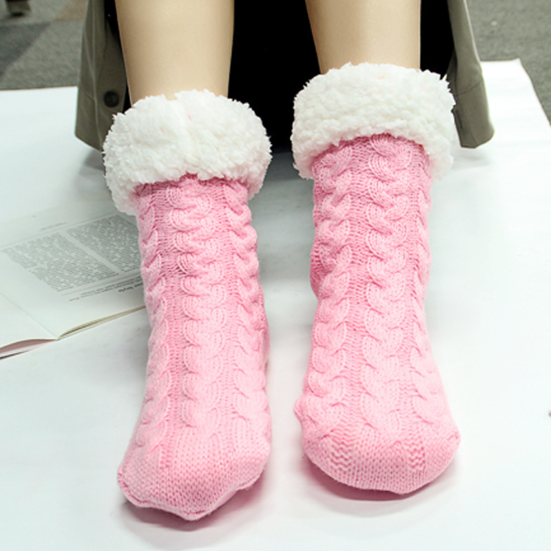 2022 Winter Warm Indoor Thermal Non Slip Fuzzy Women Plain Color Slipper Thicken Socks with Rubber Sole for Adults