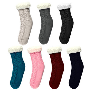 2022 Winter Warm Indoor Thermal Non Slip Fuzzy Women Plain Color Slipper Thicken Socks with Rubber Sole for Adults