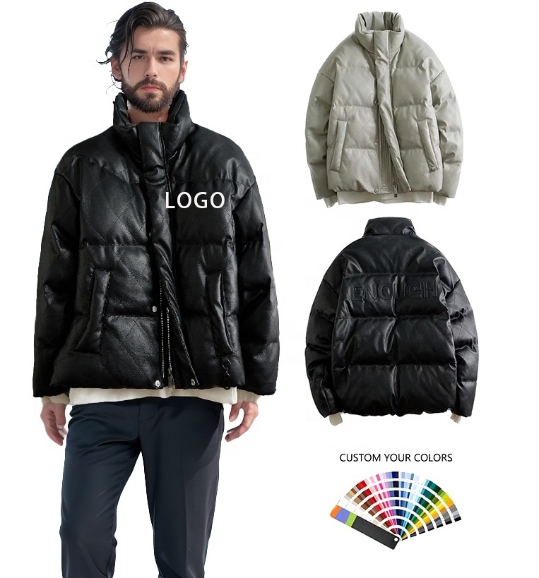 OEM Custom Design fashion short black puffer jacket shining Pu leather mens plain faux leather puffer jackets without hood