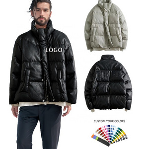 OEM Custom Design fashion short black puffer jacket shining Pu leather mens plain faux leather puffer jackets without hood