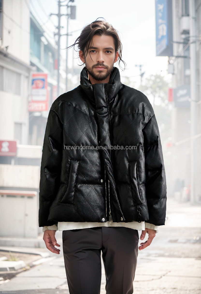 OEM Custom Design fashion short black puffer jacket shining Pu leather mens plain faux leather puffer jackets without hood