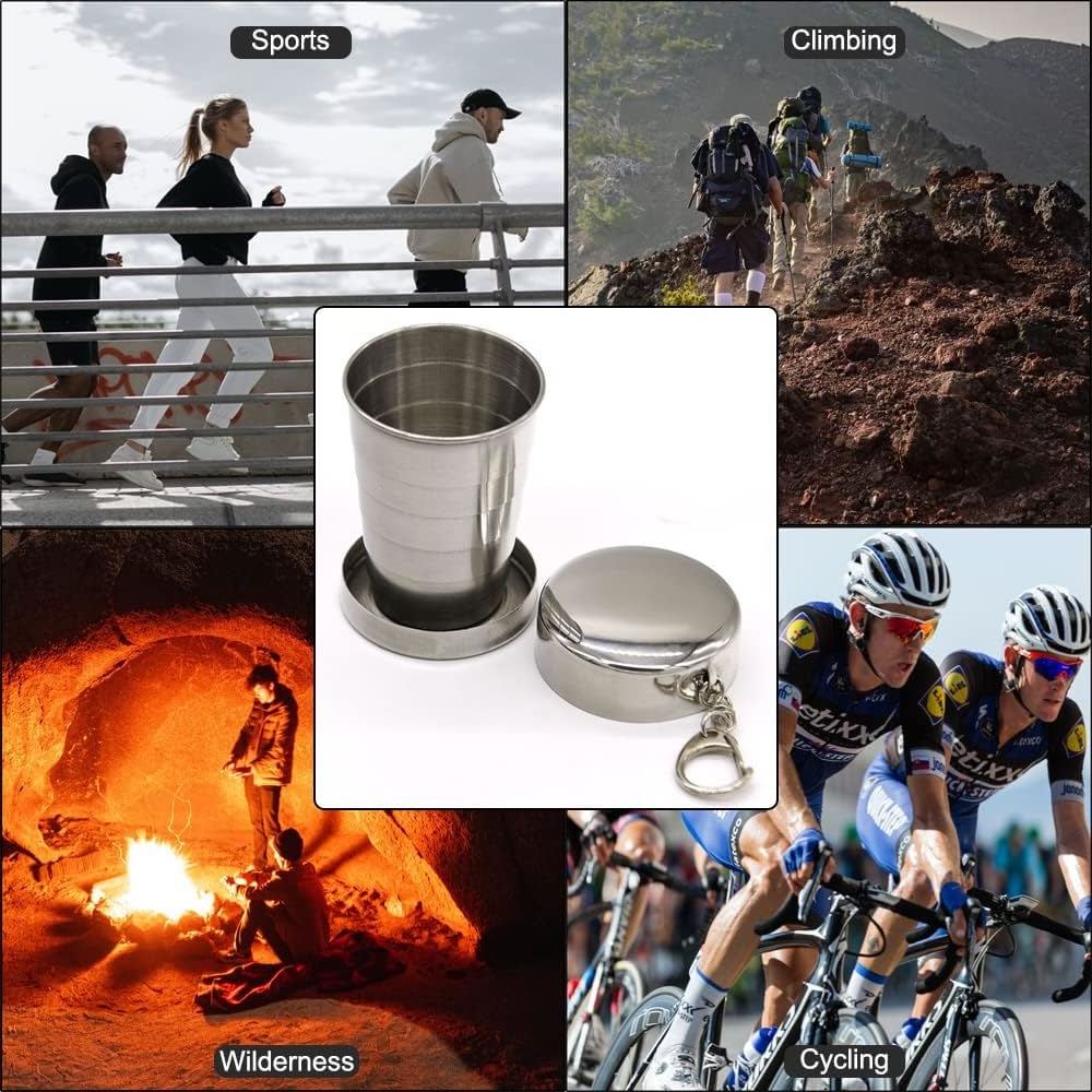 75ml Stainless Steel Portable Outdoor Travel Camping Folding Collapsible Cup with Metal Telescopic Keychain for Hiking Drinking