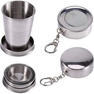 75ml Stainless Steel Portable Outdoor Travel Camping Folding Collapsible Cup with Metal Telescopic Keychain for Hiking Drinking