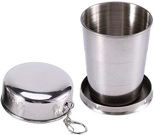 75ml Stainless Steel Portable Outdoor Travel Camping Folding Collapsible Cup with Metal Telescopic Keychain for Hiking Drinking