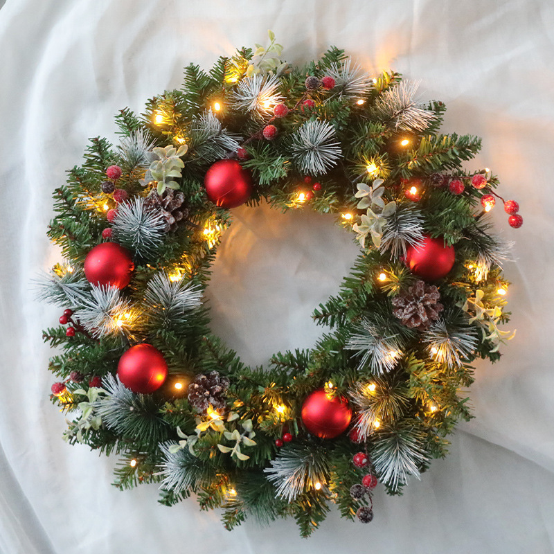 60cm Pre-Lit Artificial Christmas Wreath Decorated Christmas Wreath with Lights for Window Indoor Outdoor