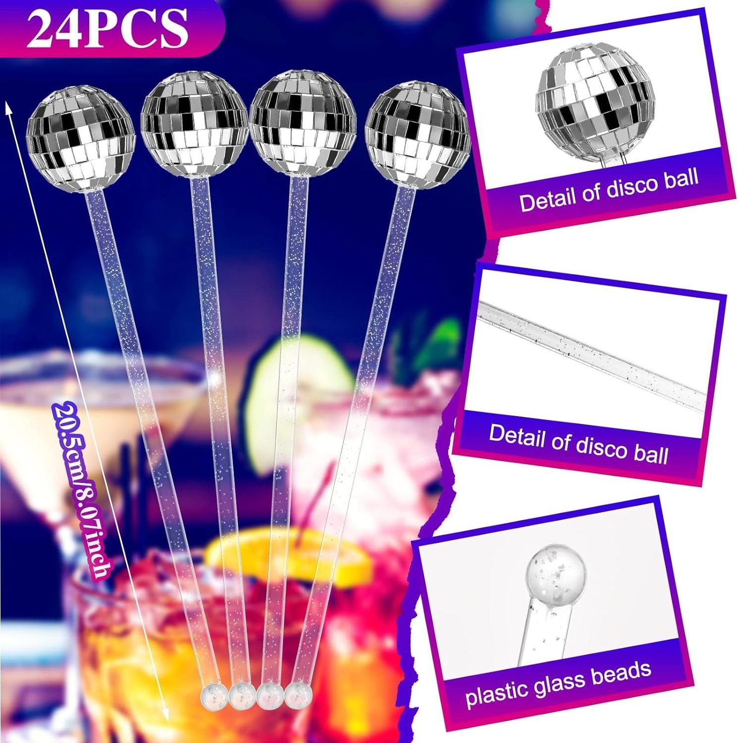 Home Bar Coffee Shop Use Silver Plastic Round Top Coffee Beverage Stirrers Swizzle Sticks Disco Balls Cocktail Stirrers