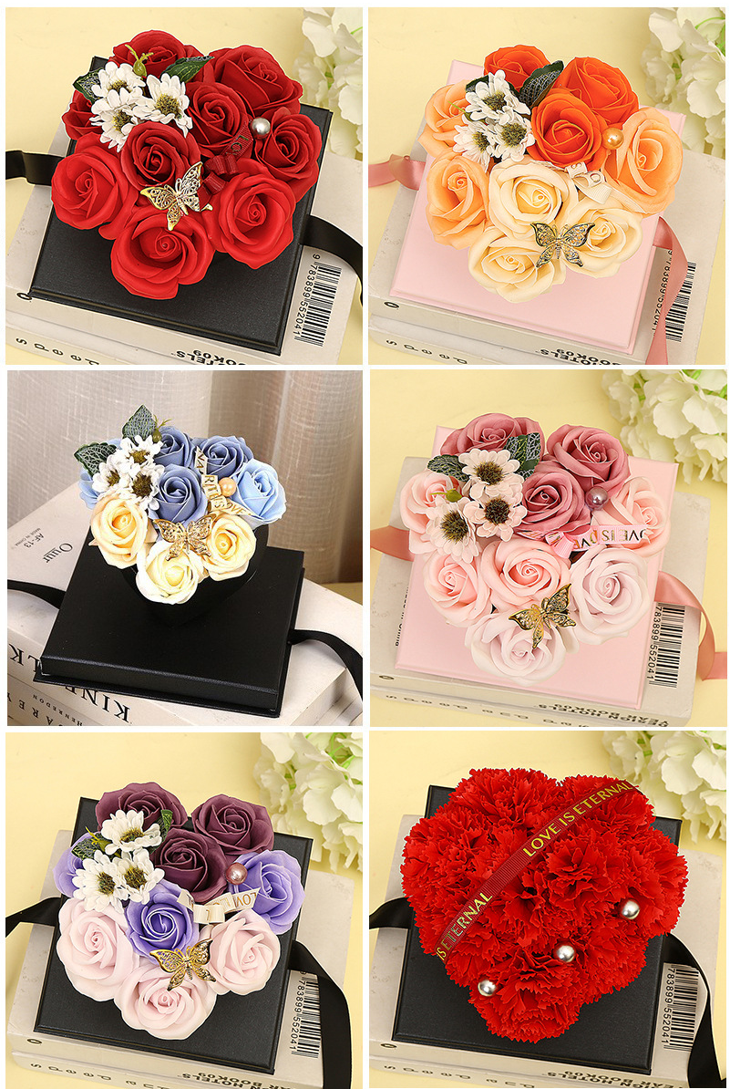 PVC Transparent 9pcs 3 Color Soap Rose Flower Butterfly And Carnation Gift Box For Valentine's Day Teacher's day Mother's day