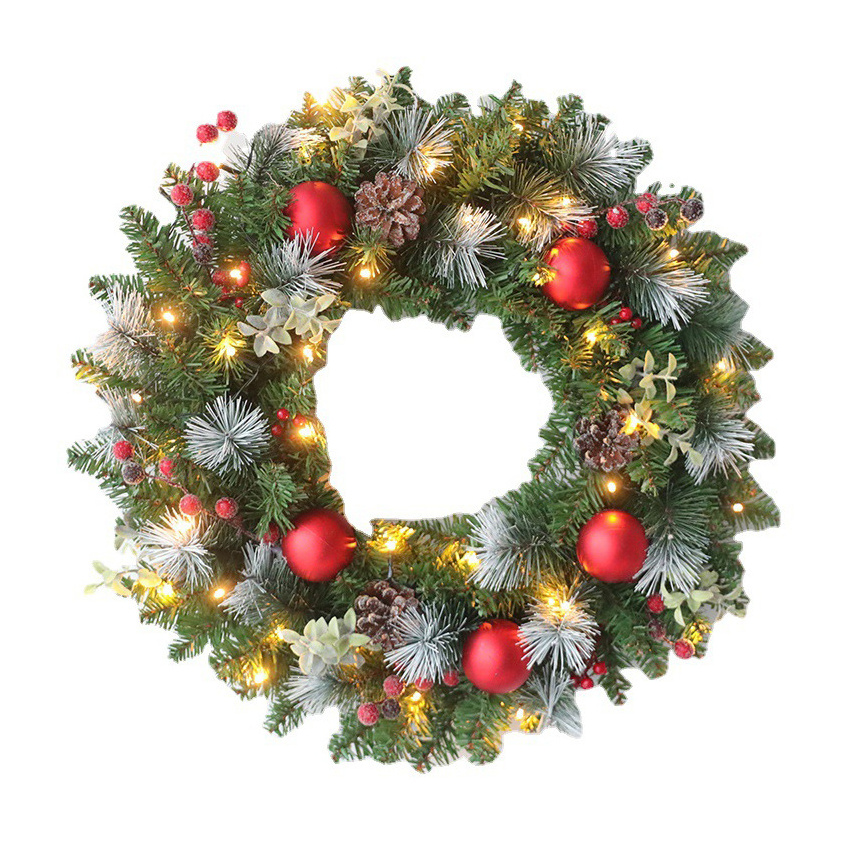 60cm Pre-Lit Artificial Christmas Wreath Decorated Christmas Wreath with Lights for Window Indoor Outdoor