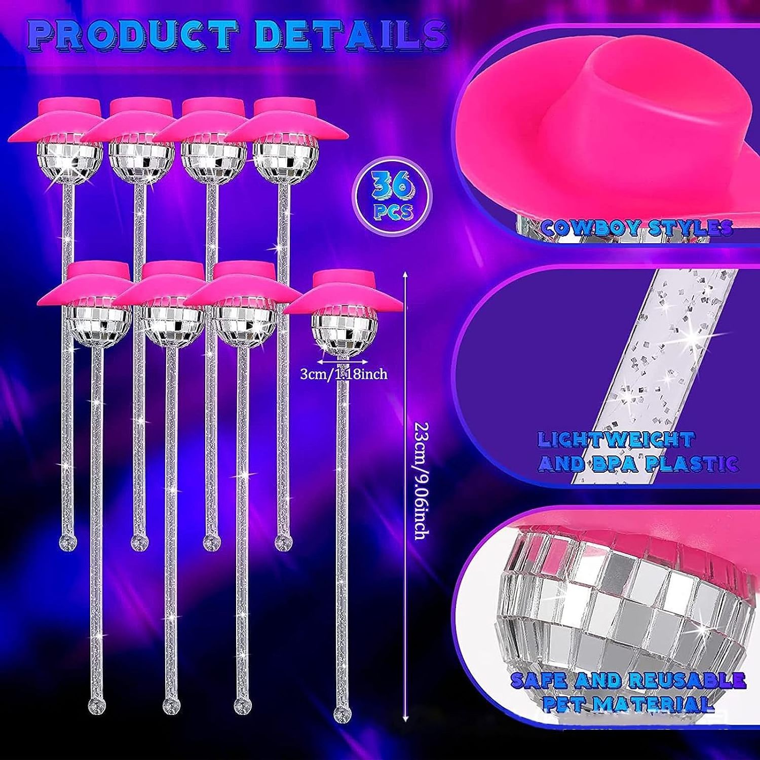 Mirror Discos Balls Stirrers Beverage Pink Cowboy Hat Swizzle Stir Stick  For Mixing Cocktails Discos Balls Cocktails Stirrer